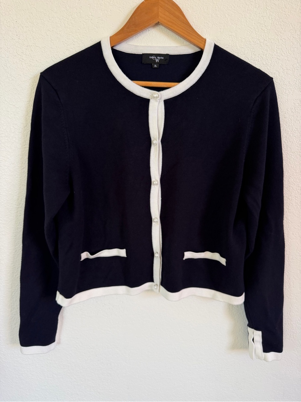 Navy Cardigan with White Trim and Pearl Buttons